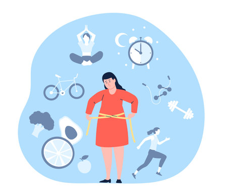 Weight loss healthy diet and sport training. Fat woman thinking about diet. Waist measurement, diabetic reason and prevention. Various lifestyle recent vector sceneのイラスト素材