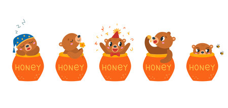 Funny bear in honey jar. Tiny bears different poses in clay pot. Woodland wild cartoon animal sleep, eating and happy, classy vector mascot characterのイラスト素材