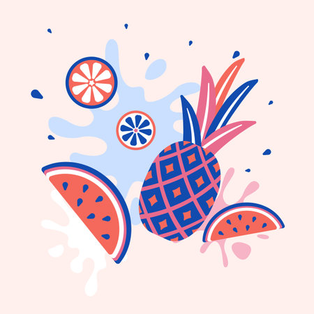 Summer juicy abstract fruit splash. Pineapple, watermelon and citrus slices. Juice, fresh fruits drink or dessert. Decorative vector graphic artのイラスト素材