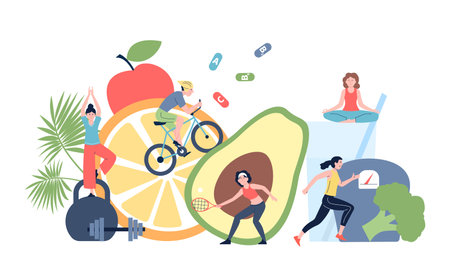 Sport and healthy diet. Wellness and detox, sporty lifestyle. People doing exersices, run and meditation. Drink water and eat fresh food recent vector sceneのイラスト素材