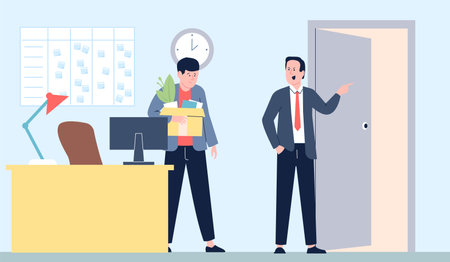 Fired office worker, dismissing employee. Angry boss point at door. Manager with box of things leaving cabinet. New horizons, job loss recent vector sceneのイラスト素材