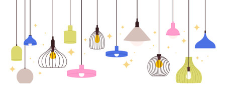 Hanging lamps banner. Home ceiling lamp with bulbs. Electric modern interior decor design, lights decorative vintage chandeliers retro racy vector backgroundのイラスト素材