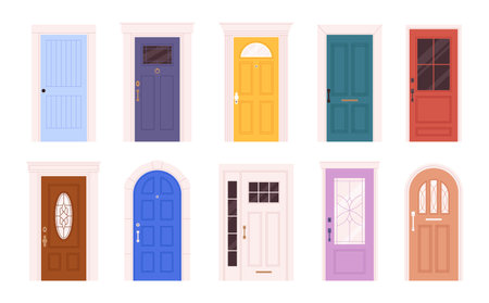 House entrance different doors. Color door flat style, home entry decor with windows and doorknob. Outside design, renovation racy vector collectionのイラスト素材