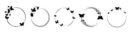 Butterfly frames. Black butterflies stars silhouettes, lined circle decor. Beautiful seasonal graphic elements, flying garden insect. Vector abstract art designのイラスト素材