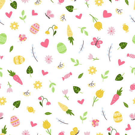 Cute spring graphics, flowers, leaves, decorative eggs seamless pattern. Garden tiny elements, butterfly and carrot. Doodle elements vector backgroundのイラスト素材