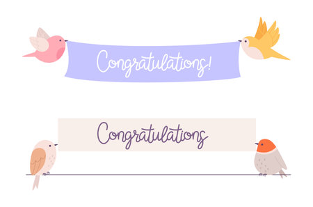 Birds holding congratulations banners. Bird and congratulatory banner, flat cartoon flying animals. Birthday, anniversary, opening, win, vector graphic elementsのイラスト素材