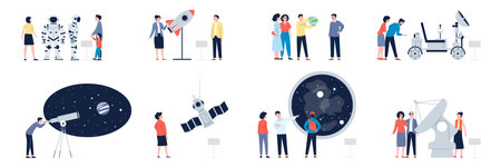 Astronomy cosmonautics museum, people in planetarium. Solar system study, planet celestial science....