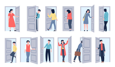 People come in and out. Entrance door, entering adults and business person. Leaving home, come back to office. Open close doors, flat recent vector charactersのイラスト素材