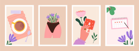 Female period cards. Woman pad, period calendar and morning coffee with pills. Reproductive health, kind girl medicine vector bannersのイラスト素材