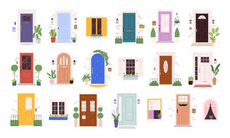 Different doors and windows exterior facade design. Retro elegant house entrance, cartoon front door with plants and lantern, racy vector clipartのイラスト素材