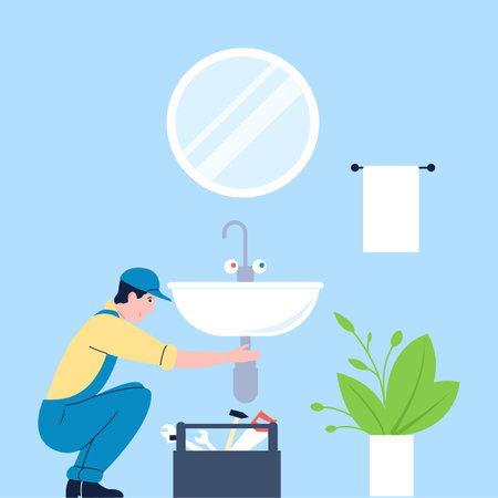 Plumber repair sink in bathroom. Professional plumbers service, handyman with tools work with pipes. Domestic renovation recent vector sceneのイラスト素材