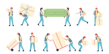 Delivery logistic service, relocation and moved new home. Express transportation giant parcels and furniture, couriers recent vector charactersのイラスト素材