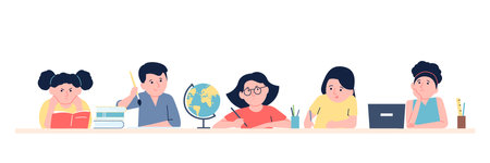 Little pupils studying together, children in library or lesson doing homework. Group studies, writing test or prepare exam. Students recent vector sceneのイラスト素材