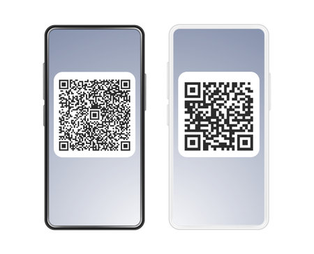 Smartphones template with qr on screen. Phone white and black, bar code for payment on self identification. Dataset, codes for entry vector conceptのイラスト素材