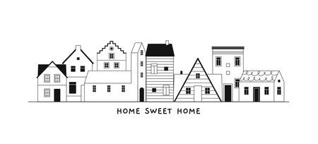 Tiny village houses banner, sweet home concept. Lined apartment house and church, street small city vector graphic designのイラスト素材
