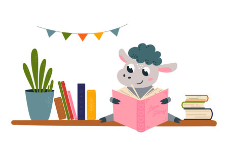 Reading books on bookshelf. Cute sheep hold book, funny animal student or reader. Library or store, decorative education, teaching classy vector conceptのイラスト素材