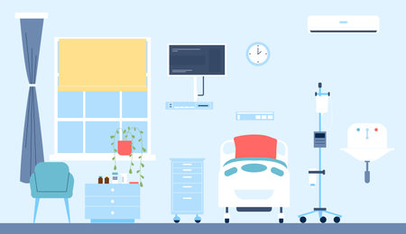 Hospital room interior. Inside modern clinic, intensive therapy or ambulance. Bed, chair and emergency technics. Healthcare service recent vector sceneのイラスト素材