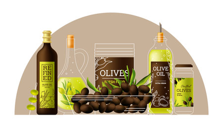 Fresh green black olives. Oil and raw in bottles, cans and jar. Natural organic greek food products, mediterranean vector ingredientsのイラスト素材