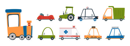 Kids transportation, public transport, cartoon car, trucks and train. Ambulance and police cars, yellow cartoon taxi. Children vector doodle clipartのイラスト素材