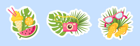 Summer stickers with sunglasses, slippers and cartoon food. Ocean vacation badges, tropical leaves...