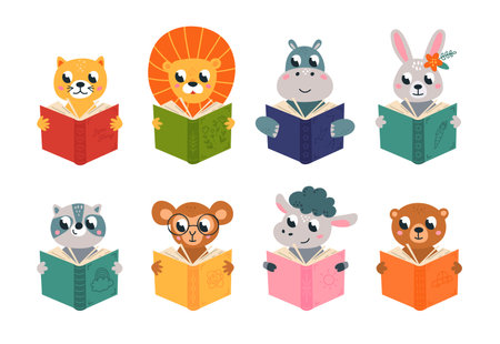 Cute animals reading books. Studying animal, readers characters hold book. Smart students, funny woodland wild creatures in library, classy vector setのイラスト素材