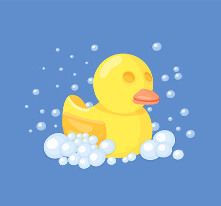 Yellow bath duck, children toy for bathtime. Traditional toys, kids nursery vector decorative elements. Duck in cartoon soap bubblesのイラスト素材
