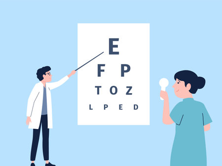 Eye check up on oculist. Ophthalmologist eyesight examining, test health in clinic. Correction vision, ophthalmology medical recent vector sceneのイラスト素材