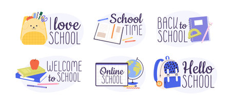 Back to school badges. Educational stickers, cool fashion cartoon logos. Cartoon backpack,...