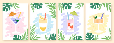 Cocktails posters, abstract cocktail and tropical leaves. Summer beach bar graphics, drink party invitation template. Beverages racy vector flyersのイラスト素材