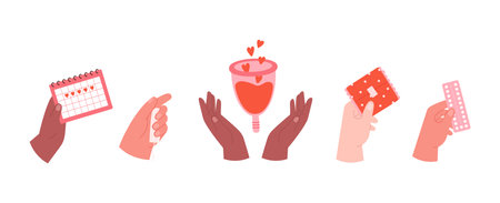 Hands holding female hygiene tools, menstruation cycle supplies. Pads and tampon, menstrual cup and calendar. Gynecology, woman health vector setのイラスト素材