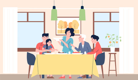 Family dinner with grandparents. People eating meal, thanksgiving or christmas evening at home. Traditional holiday lunch, recent vector sceneのイラスト素材
