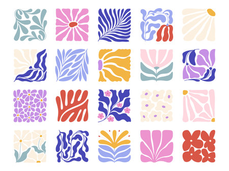 Trendy abstract botanical tiles, matisse inspired graphic art. Floral contemporary elements, decorative fashion design. Racy plants vector clipartのイラスト素材
