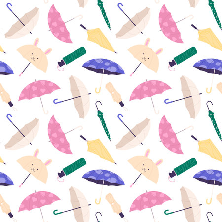 Cartoon umbrellas seamless pattern. Autumn umbrella, closed and open seasonal accessories. Fashion decorative fabric print racy vector designのイラスト素材
