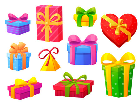 Cartoon gift boxes, digital gifts with bow graphic elements for celebration christmas or birthday. Party present pack nowaday vector clipartのイラスト素材