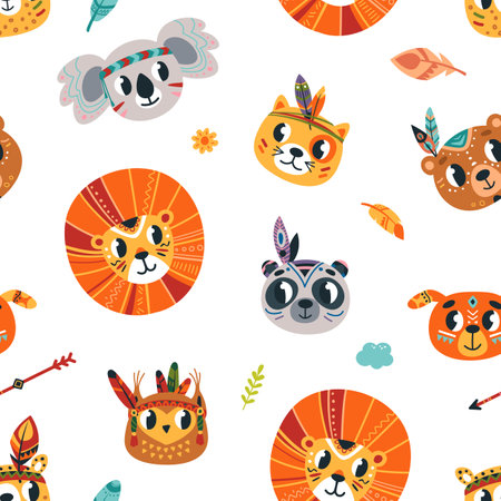 Tribal animals seamless pattern. Animal boho style faces background. Woodland indian characters, child fabric print design. Classy vector textureのイラスト素材