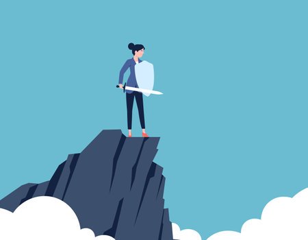Female warrior. Business woman stand on mountain rock and hold shield and sword. Leadership, protect and security, business recent vector sceneのイラスト素材