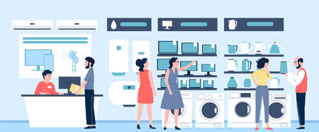 Electronics store with counter and sellers. Electronic devices for home, kettles, wash machine and computers. Consumer choosing recent vector sceneのイラスト素材