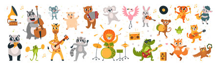 Cartoon musical dancing animals with music instruments. Funny wild animal, raccoon and lion. Musicians and dancers, classy festival vector charactersのイラスト素材