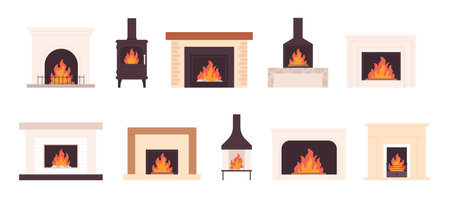 Cartoon fireplace. Iron chimney and bricks furnace. Various traditional relaxing home place with fires. Interior stoves, vintage cozy racy vector elementsのイラスト素材