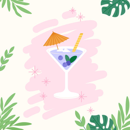Sweet cocktail printcard. Exotic leaves and alcoholic party drink, festival or celebration background. Martini in glass with berries, vector graphicのイラスト素材