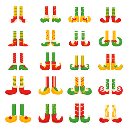 Elves legs, christmas dwarf feet in pants and shoes. Fun elf leg, cute cartoon gnomes elements. Isolated holiday xmas decorative nowaday vector setのイラスト素材