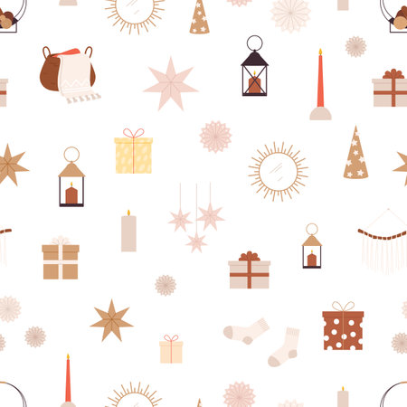 Cozy home seamless pattern, winter christmas scandinavian interior elements. Holiday decorations,...