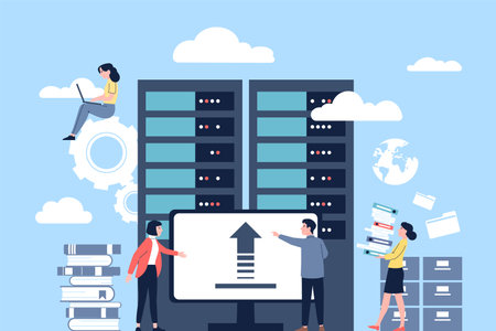 Data center cloud concept. Hardware servers, cyber storage engineers and programmers. Admin and managers work with computers, recent vector sceneのイラスト素材