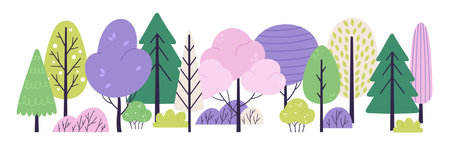 Abstract doodle forest background. Colorful trees, scandinavian style bush and tree. Creative garden or park landscape. Nature racy vector bannerのイラスト素材