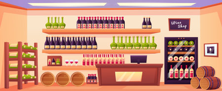 Wine shop, cartoon vault or alcohol store. Cellar with bottles and barrels, champagne and liquor production on shelf nowaday vector sceneのイラスト素材