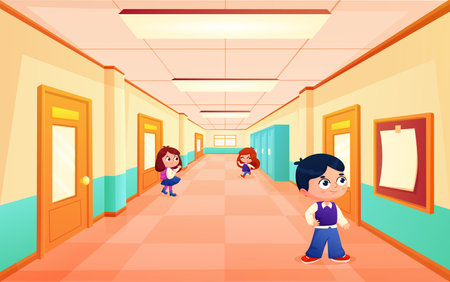 Students in school hallway. Locks in corridor, little pupils go to study and welcome friends. Cartoon children in college hall, nowaday vector sceneのイラスト素材