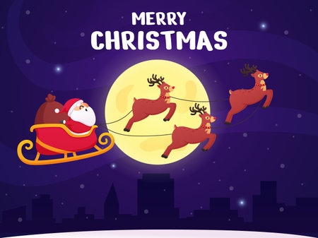 Santa and deer background. Reindeer christmas magic flying in night sky. Winter landscape, xmas eve village silhouette nowaday vector sceneのイラスト素材