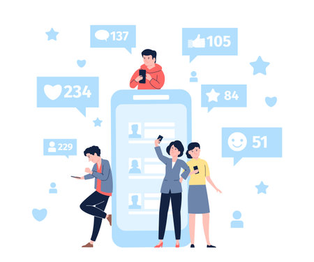 Likes, comments and confession in social media addiction. Rating and comment, people doing selfie and writing reviews in internet, recent vector sceneのイラスト素材