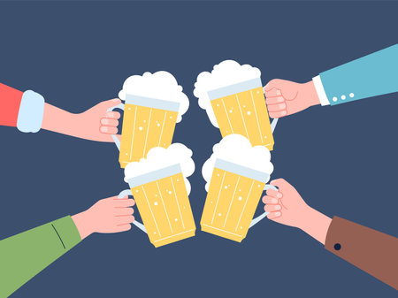 Hands cheers beer. Celebrating in bar, mates party or friday evening. Alcoholism concept. Flat friends fun in oktoberfest, toast recent vector sceneのイラスト素材