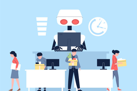 Robot vs people on work, office workers fired. Technology progress, robotics development on job. Android works on laptop, digital recent vector sceneのイラスト素材